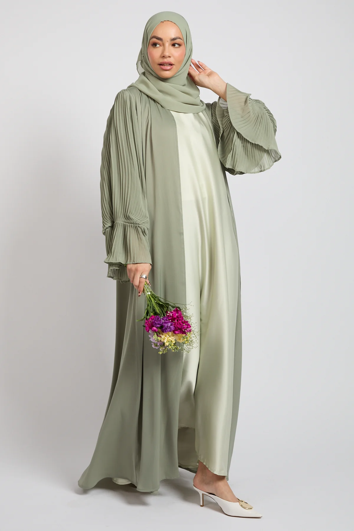 Premium Signature Pleated Bell Sleeve Open Abaya – Sage - Image 6