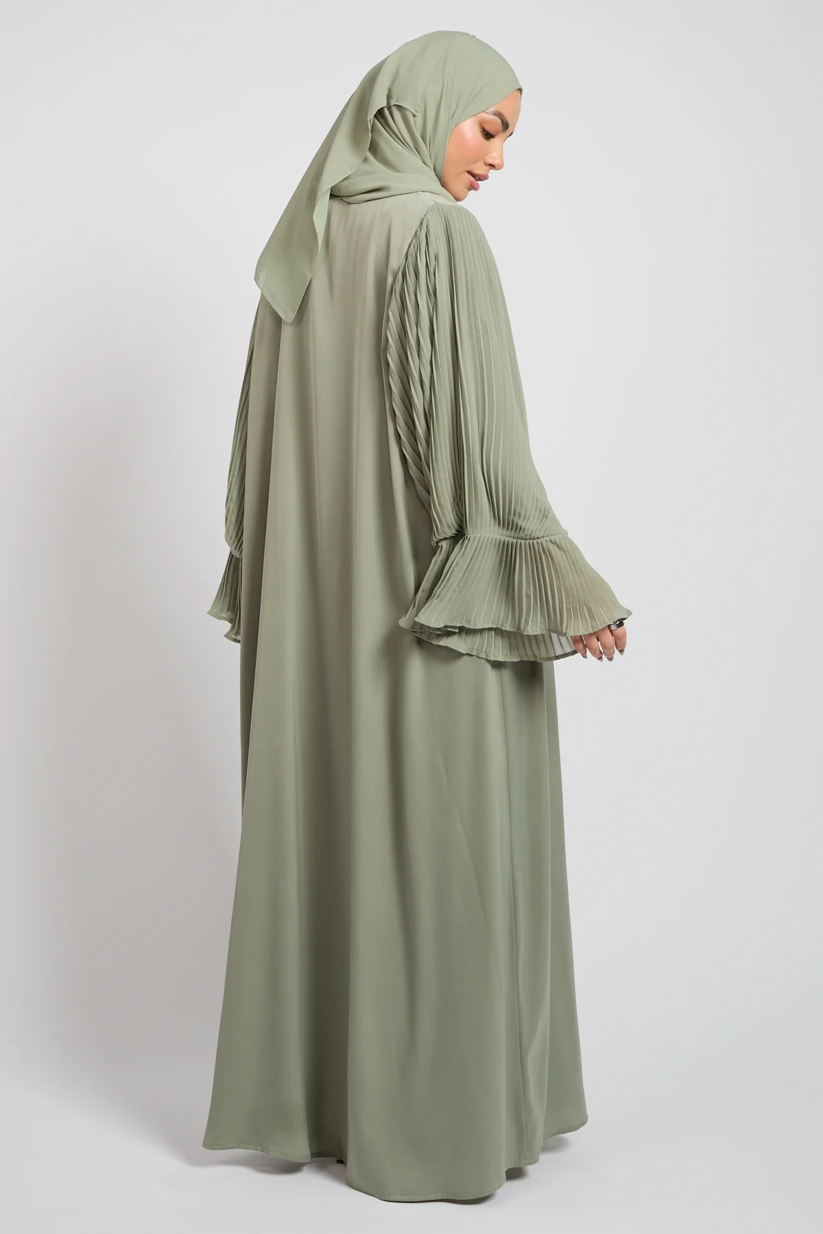 Premium Signature Pleated Bell Sleeve Open Abaya – Sage - Image 7