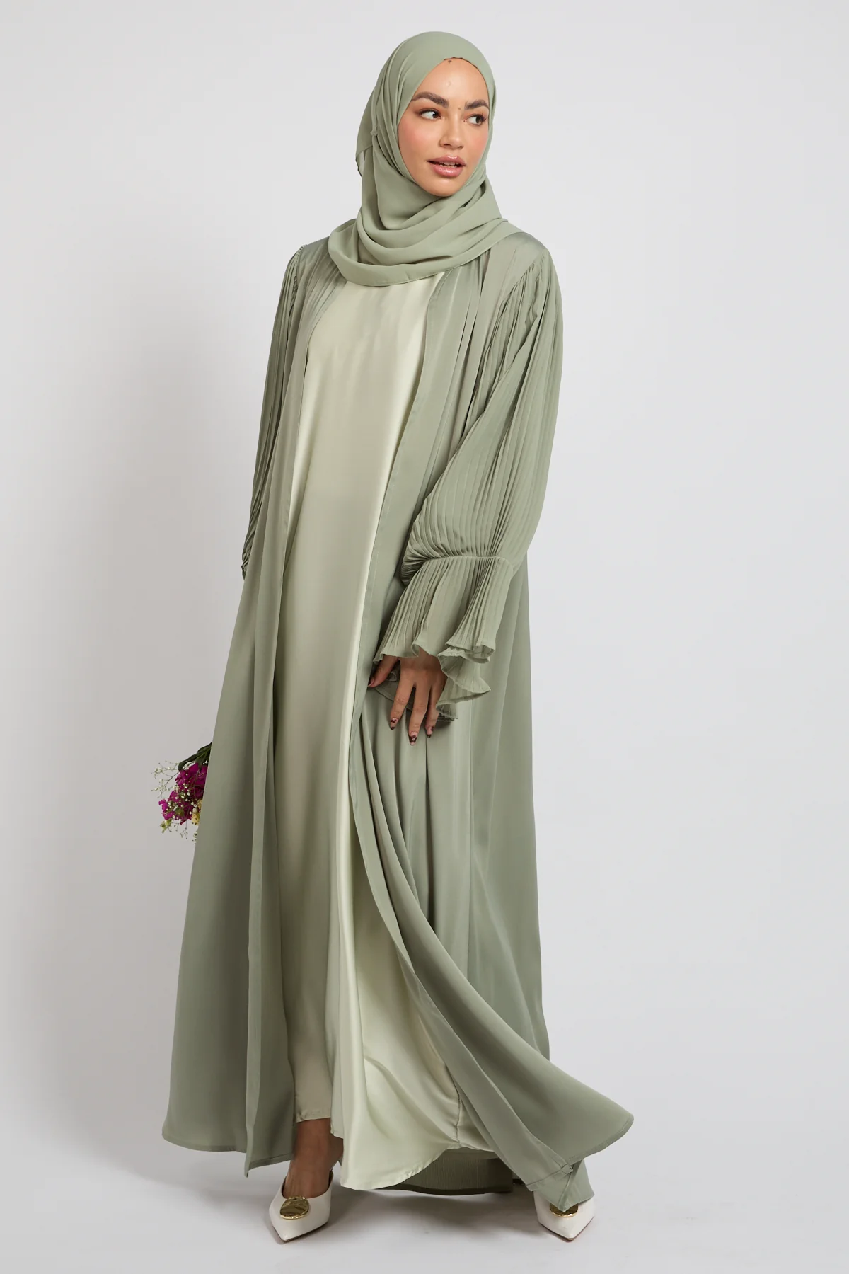 Premium Signature Pleated Bell Sleeve Open Abaya – Sage - Image 8
