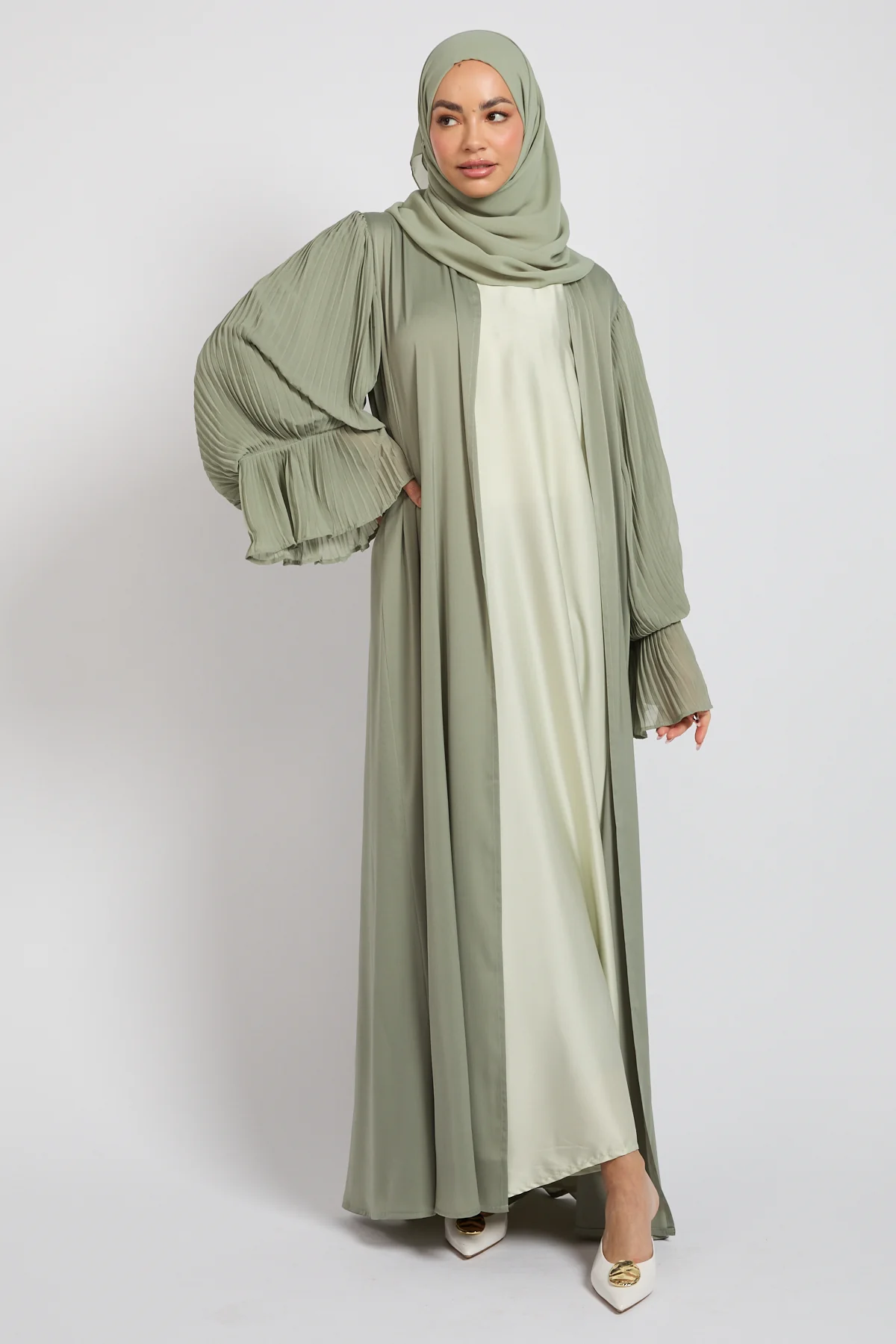 Premium Signature Pleated Bell Sleeve Open Abaya – Sage - Image 9