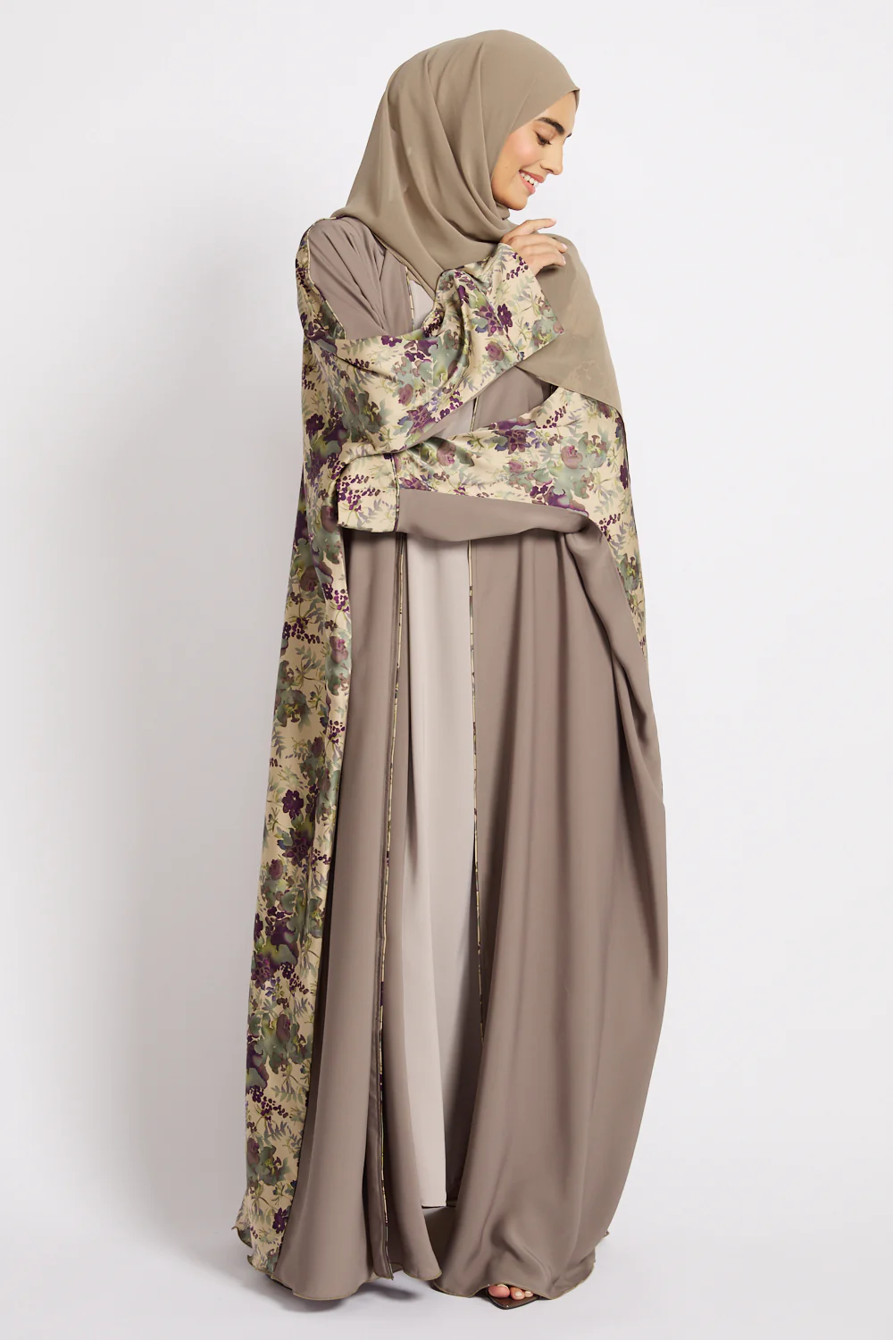 Premium Soft Taupe Botanique Open Abaya - LIMITED EDITION - Image 3