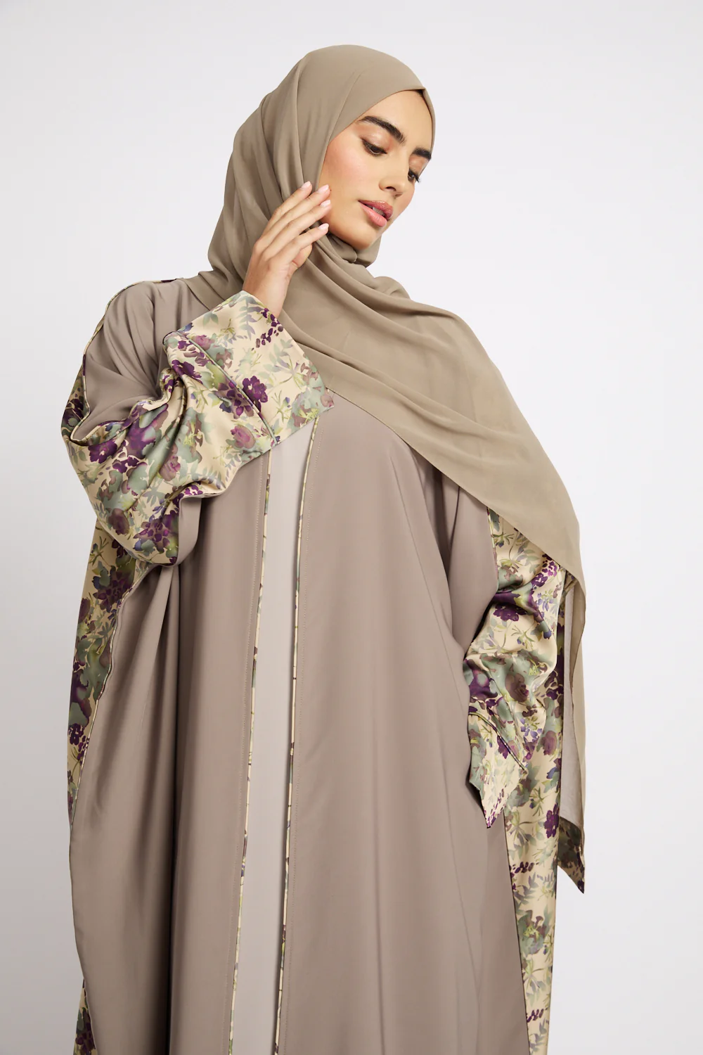 Premium Soft Taupe Botanique Open Abaya - LIMITED EDITION - Image 5