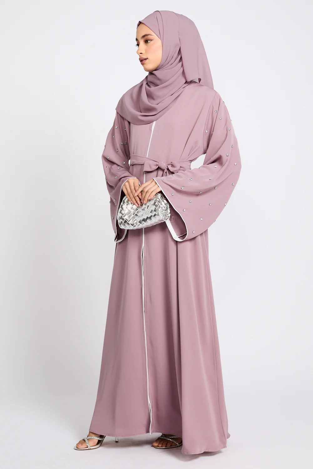Premium Stardust Belle Embellished Sleeve Open Abaya - Dusty Lilac