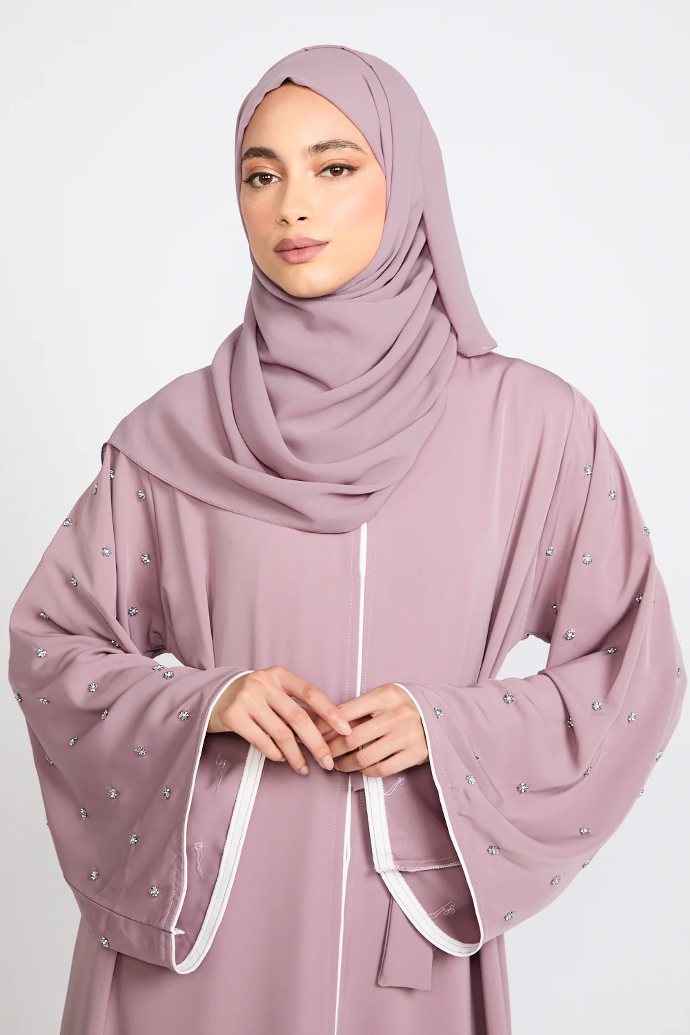 Premium Stardust Belle Embellished Sleeve Open Abaya - Dusty Lilac - Image 2