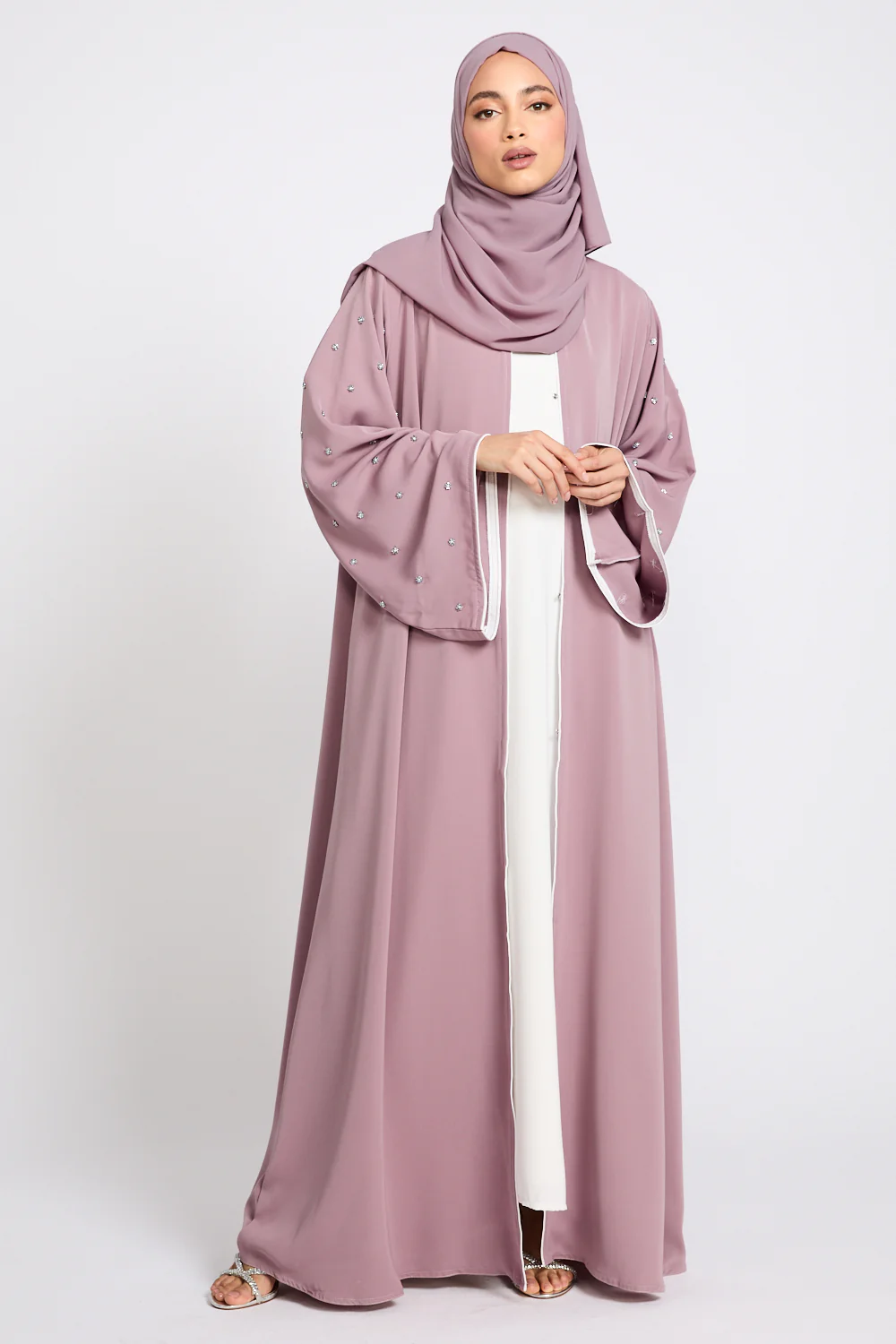 Premium Stardust Belle Embellished Sleeve Open Abaya - Dusty Lilac - Image 3