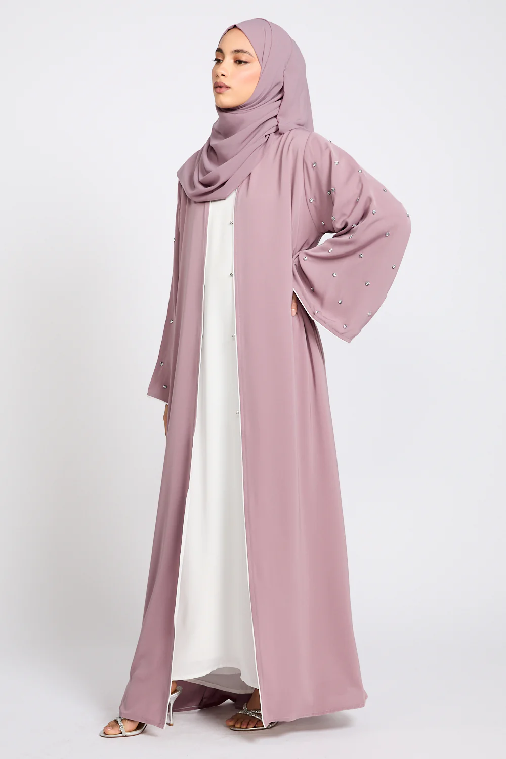 Premium Stardust Belle Embellished Sleeve Open Abaya - Dusty Lilac - Image 4