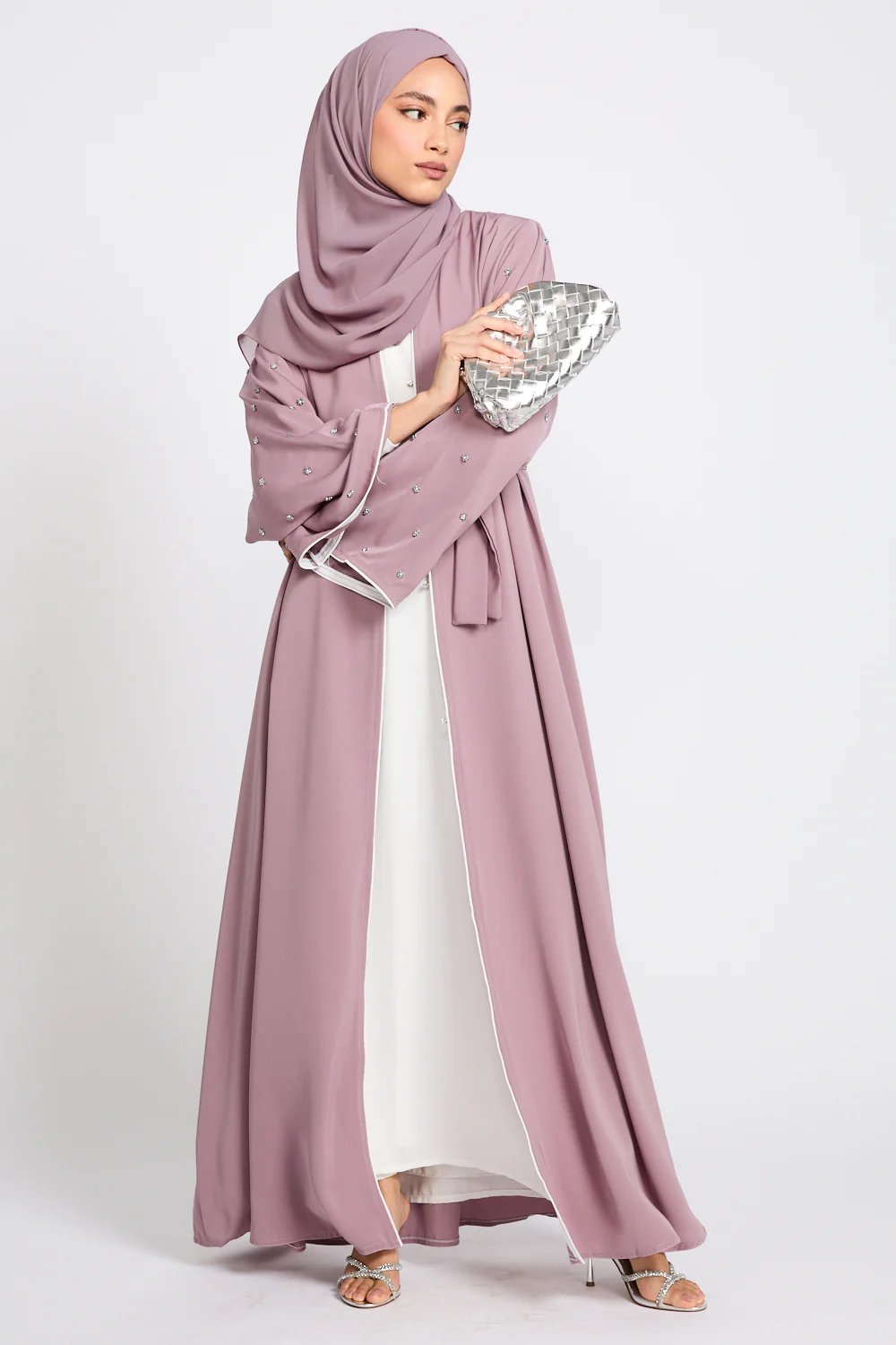 Premium Stardust Belle Embellished Sleeve Open Abaya - Dusty Lilac - Image 5
