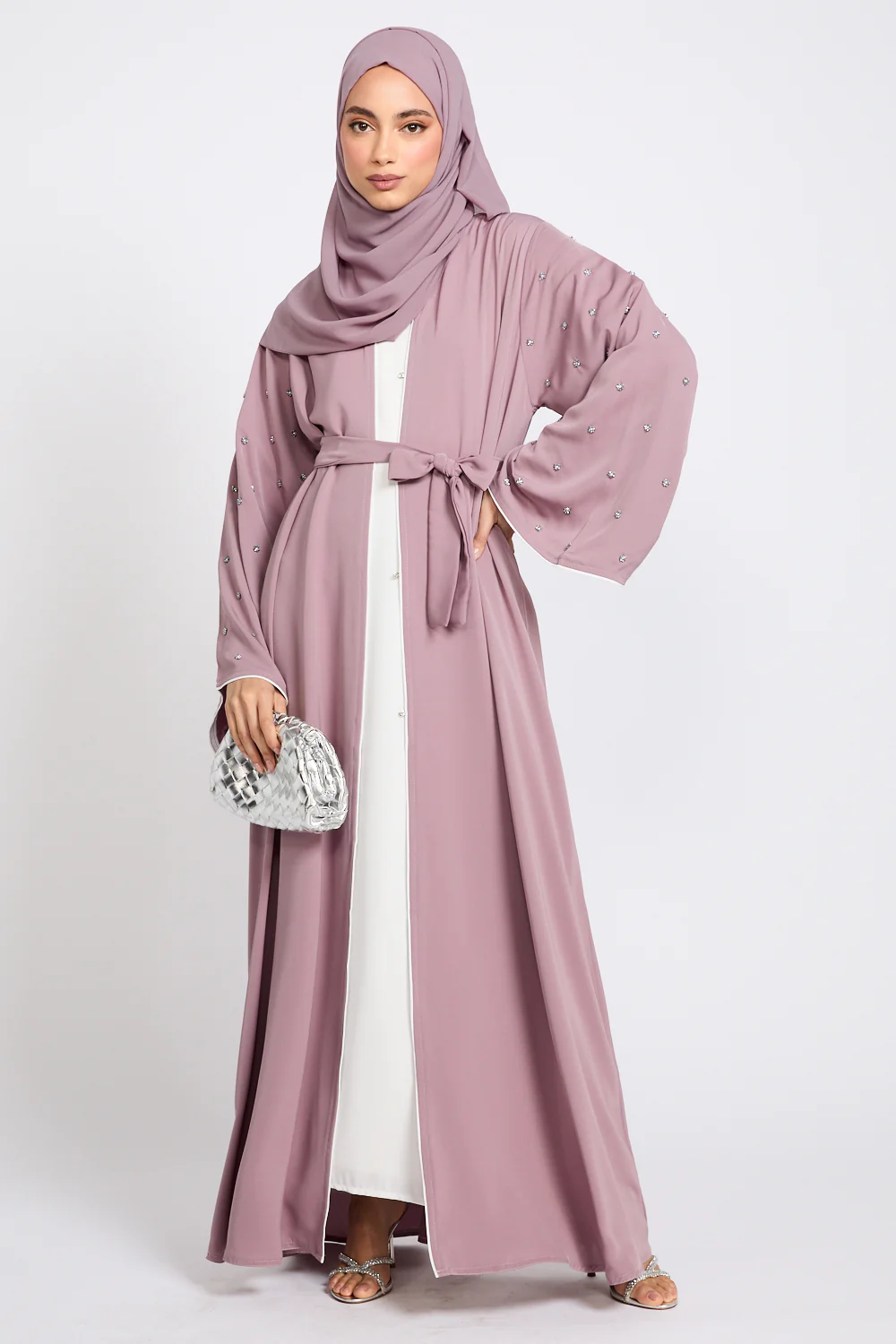 Premium Stardust Belle Embellished Sleeve Open Abaya - Dusty Lilac - Image 6