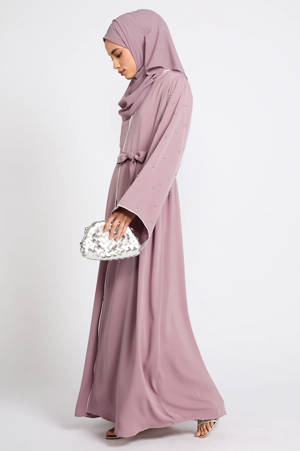 Premium Stardust Belle Embellished Sleeve Open Abaya - Dusty Lilac - Image 7