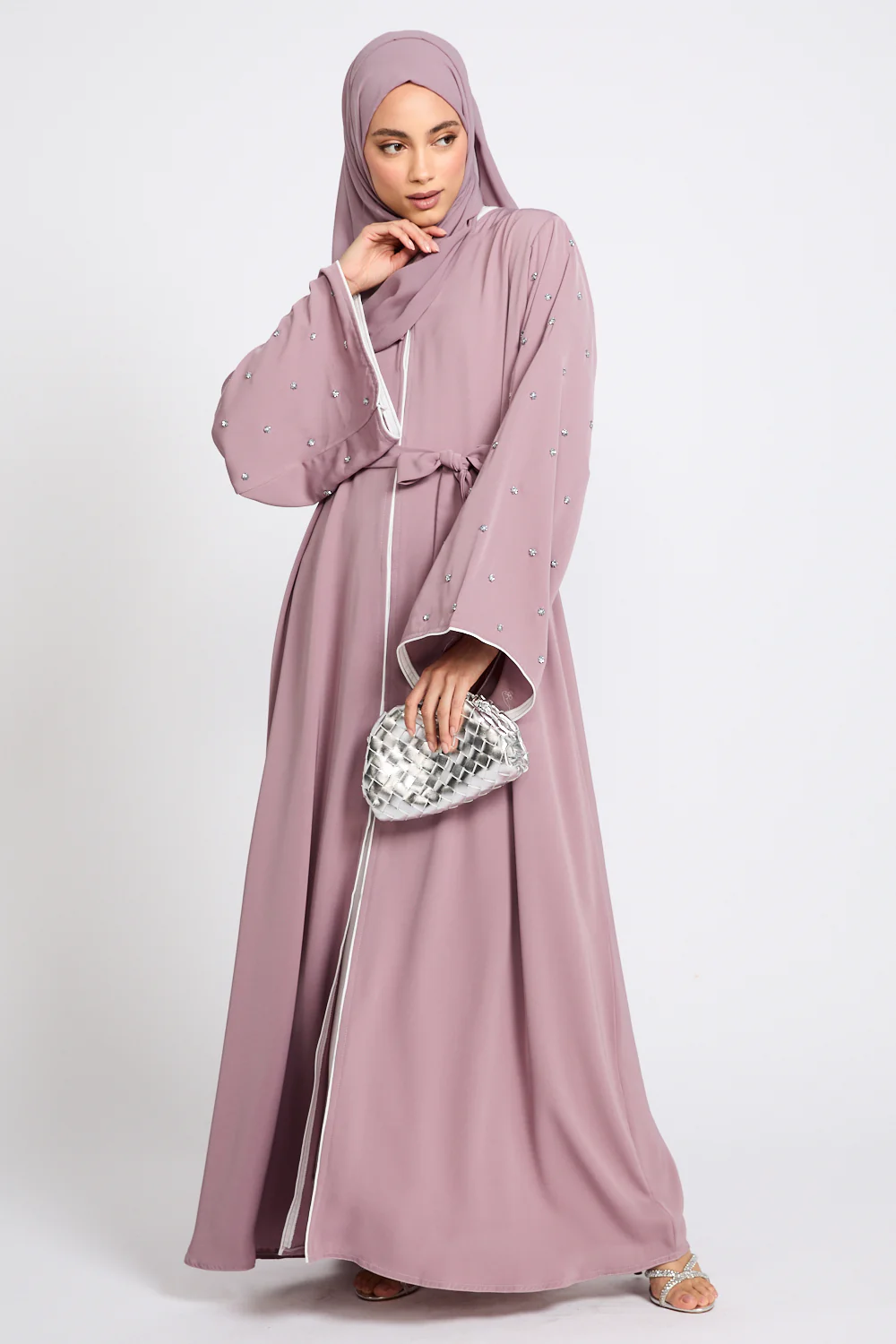 Premium Stardust Belle Embellished Sleeve Open Abaya - Dusty Lilac - Image 8