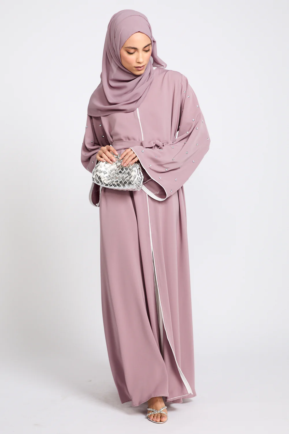 Premium Stardust Belle Embellished Sleeve Open Abaya - Dusty Lilac - Image 9