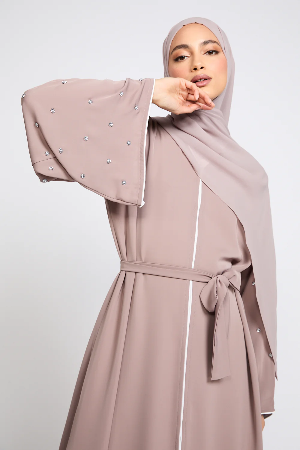 Premium Stardust Belle Embellished Sleeve Open Abaya - Mink Blush - Image 2