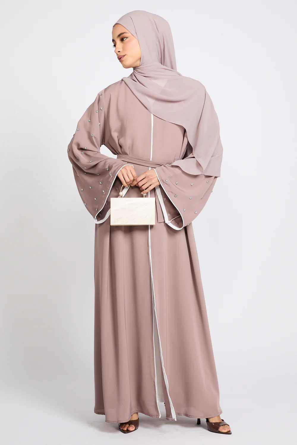 Premium Stardust Belle Embellished Sleeve Open Abaya - Mink Blush - Image 3