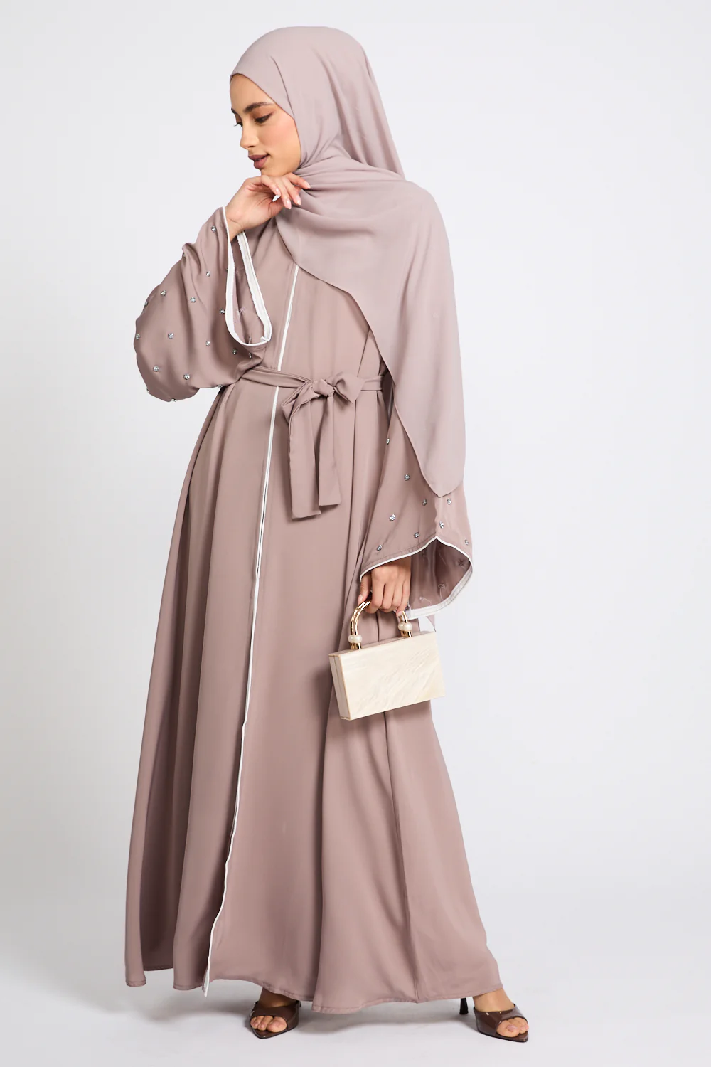 Premium Stardust Belle Embellished Sleeve Open Abaya - Mink Blush - Image 4