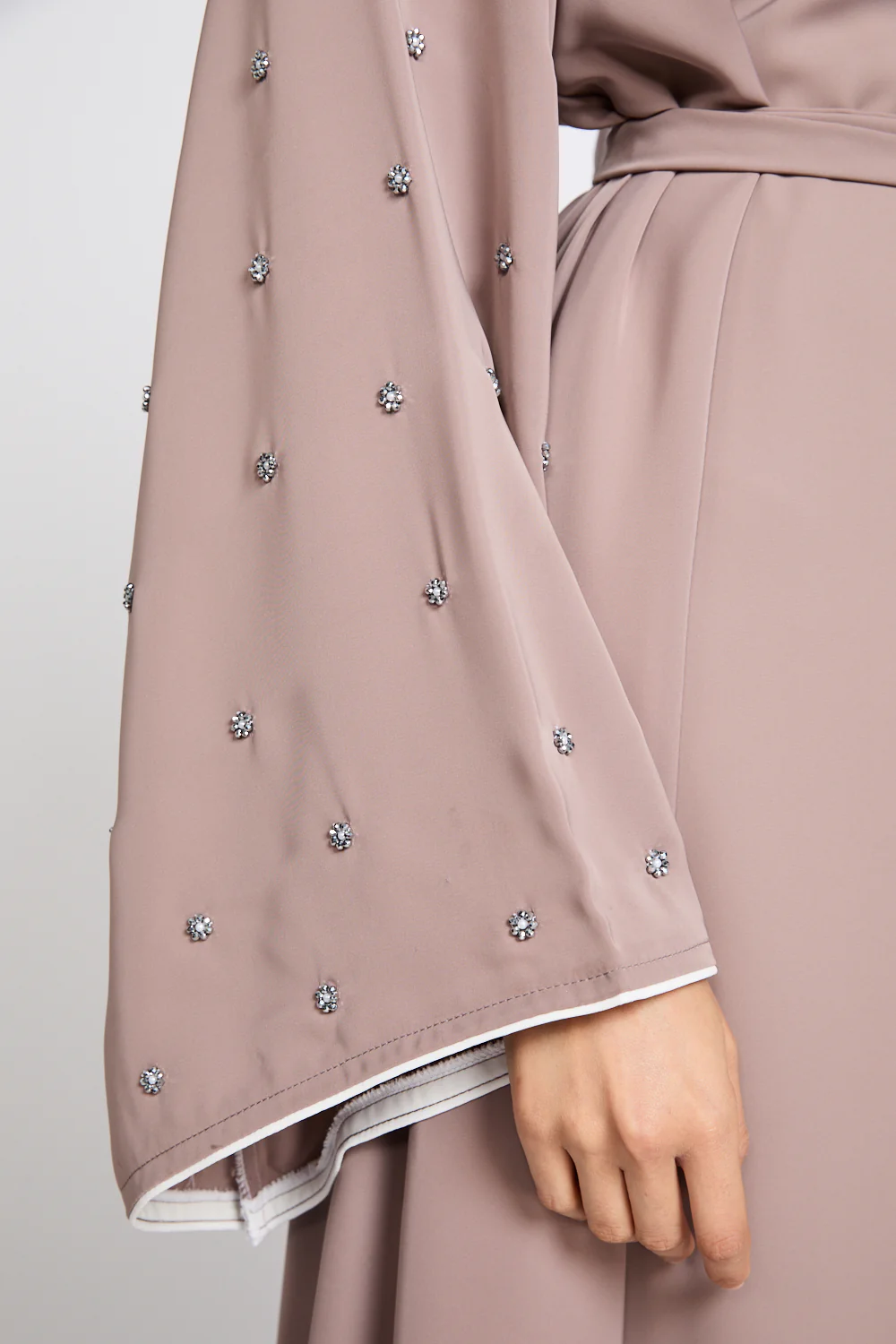 Premium Stardust Belle Embellished Sleeve Open Abaya - Mink Blush - Image 5
