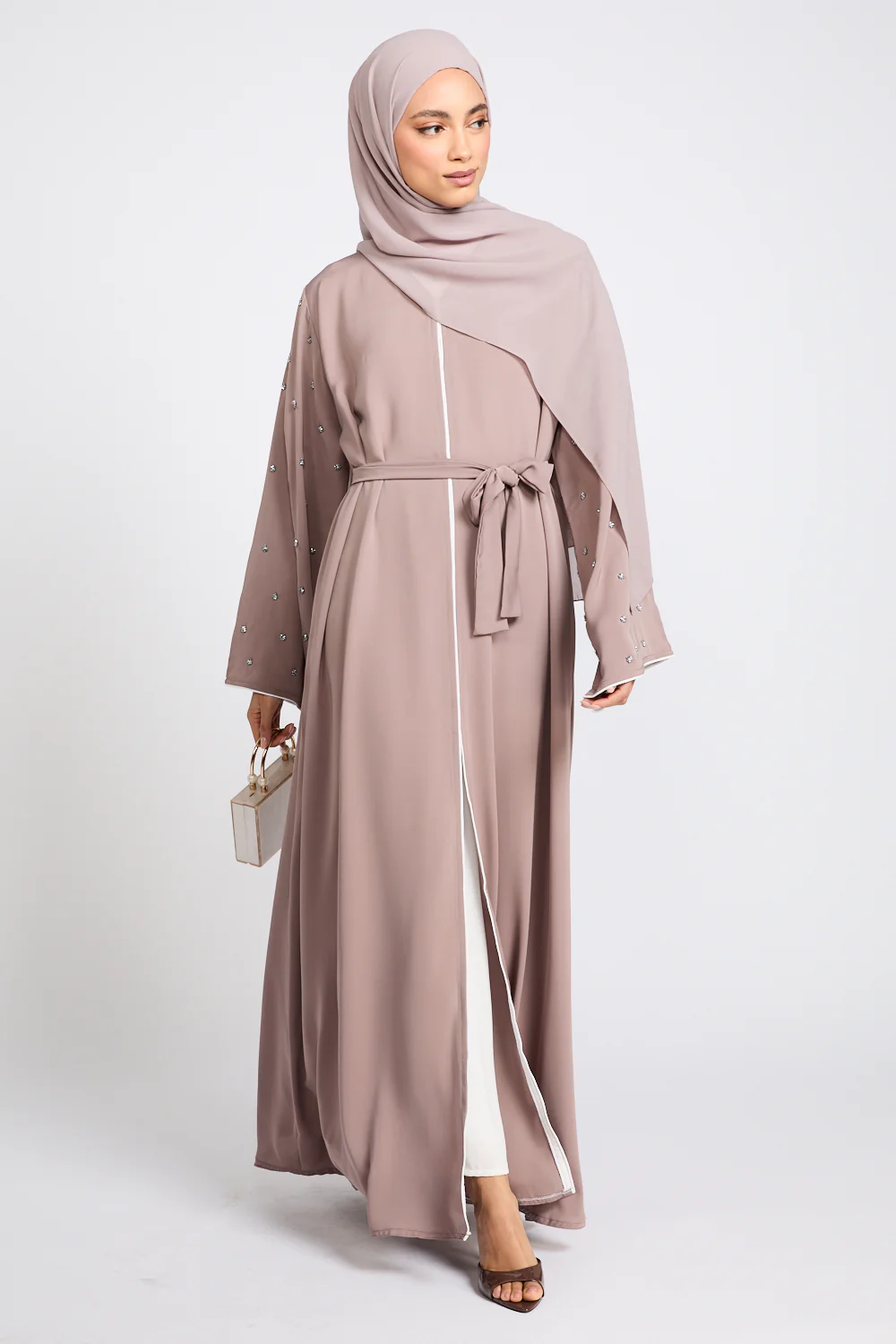 Premium Stardust Belle Embellished Sleeve Open Abaya - Mink Blush - Image 7