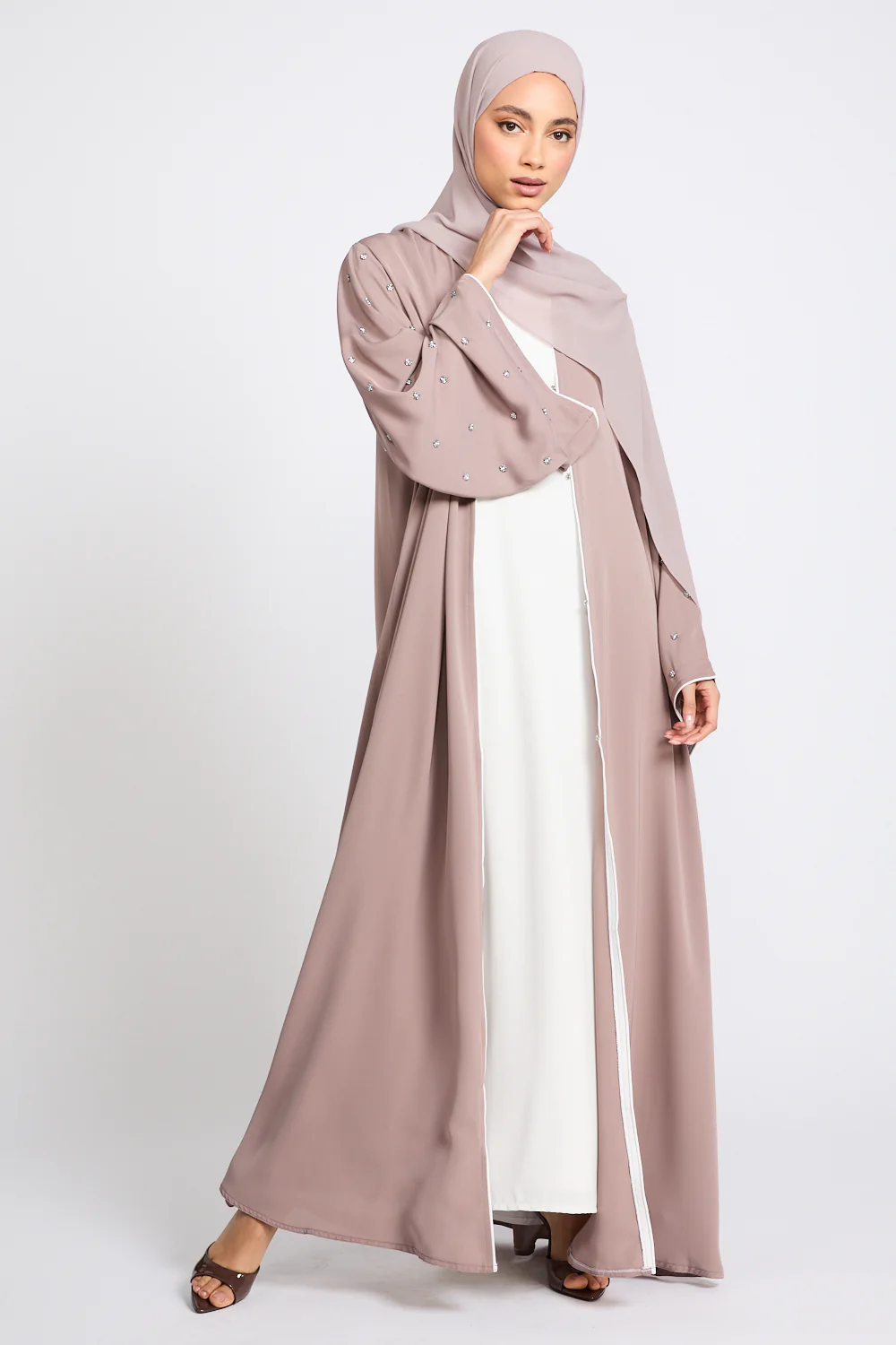 Premium Stardust Belle Embellished Sleeve Open Abaya - Mink Blush - Image 9