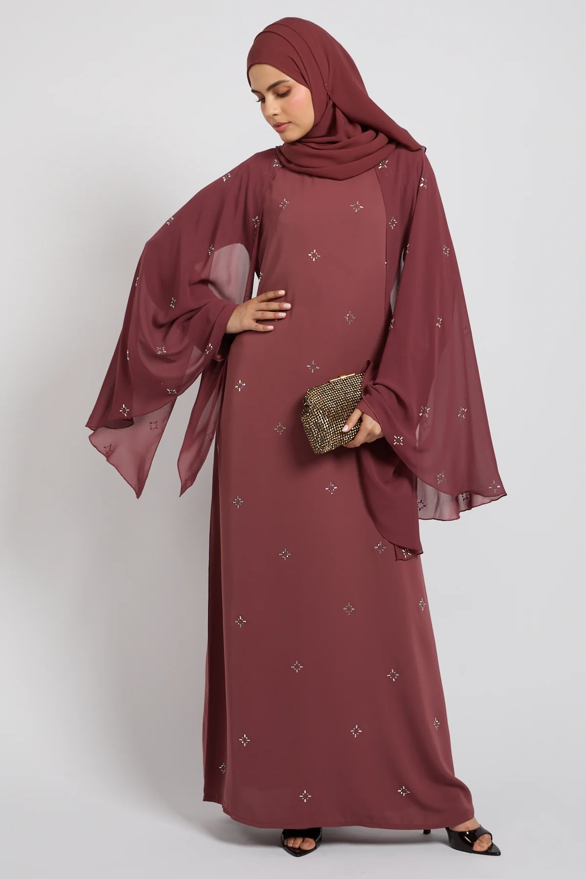 Premium Stardust Cape Sleeve Closed Abaya – Dusty Rosewood