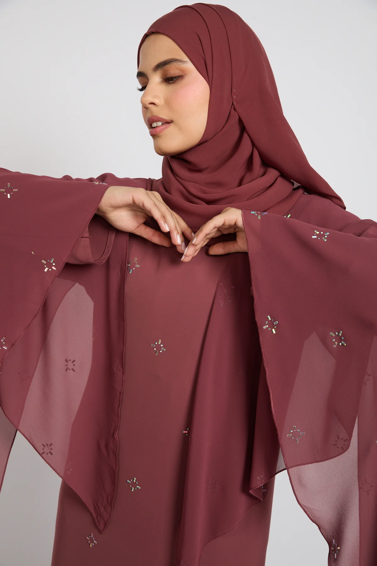 Premium Stardust Cape Sleeve Closed Abaya – Dusty Rosewood - Image 2
