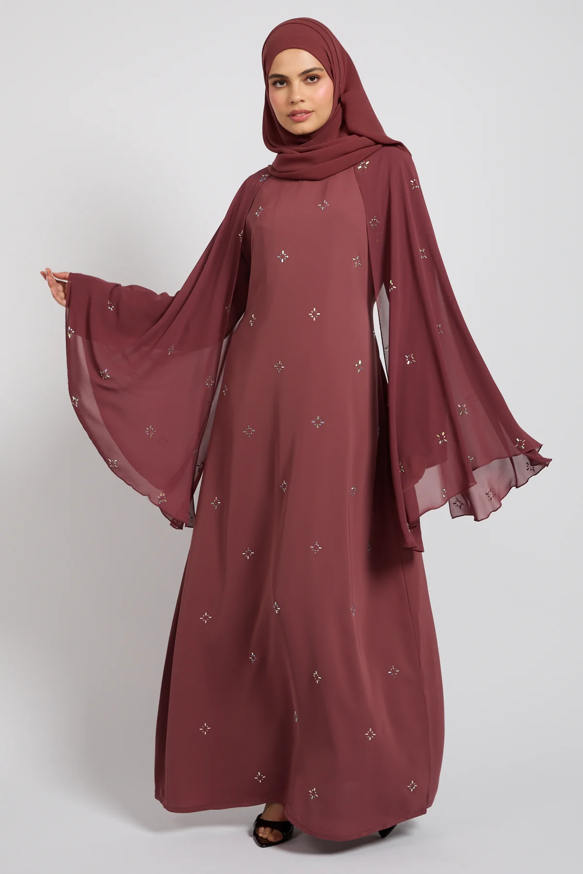 Premium Stardust Cape Sleeve Closed Abaya – Dusty Rosewood - Image 3