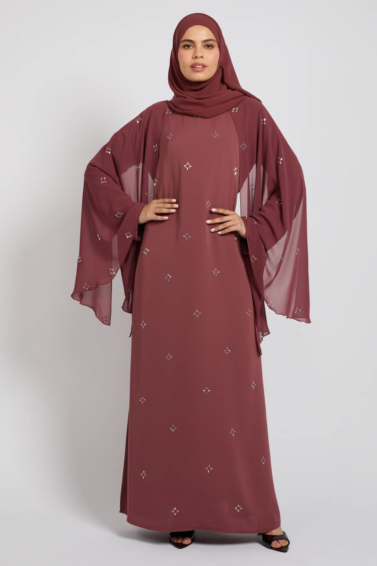Premium Stardust Cape Sleeve Closed Abaya – Dusty Rosewood - Image 4