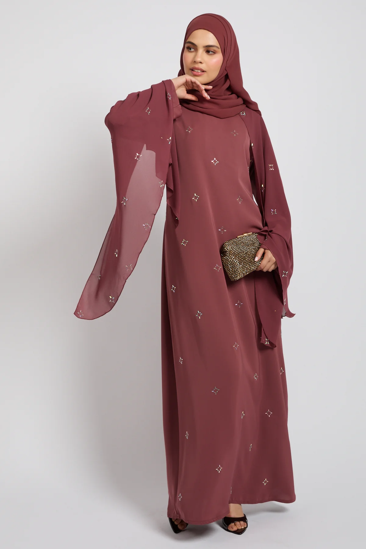 Premium Stardust Cape Sleeve Closed Abaya – Dusty Rosewood - Image 6