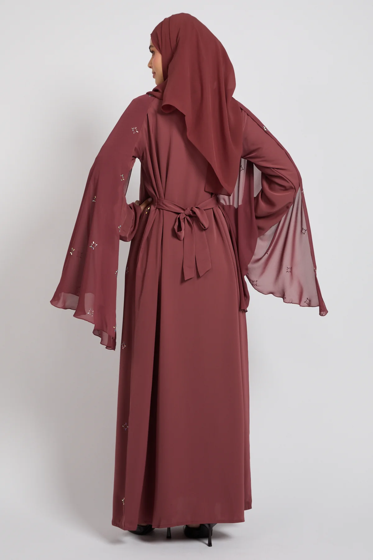 Premium Stardust Cape Sleeve Closed Abaya – Dusty Rosewood - Image 7