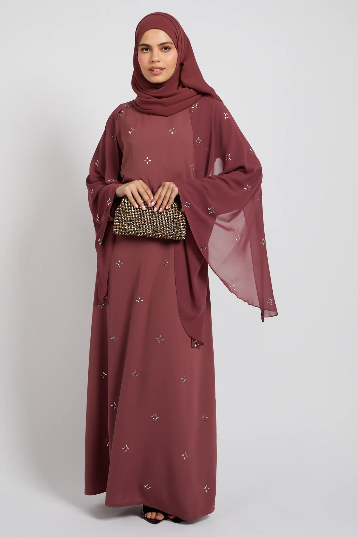 Premium Stardust Cape Sleeve Closed Abaya – Dusty Rosewood - Image 8