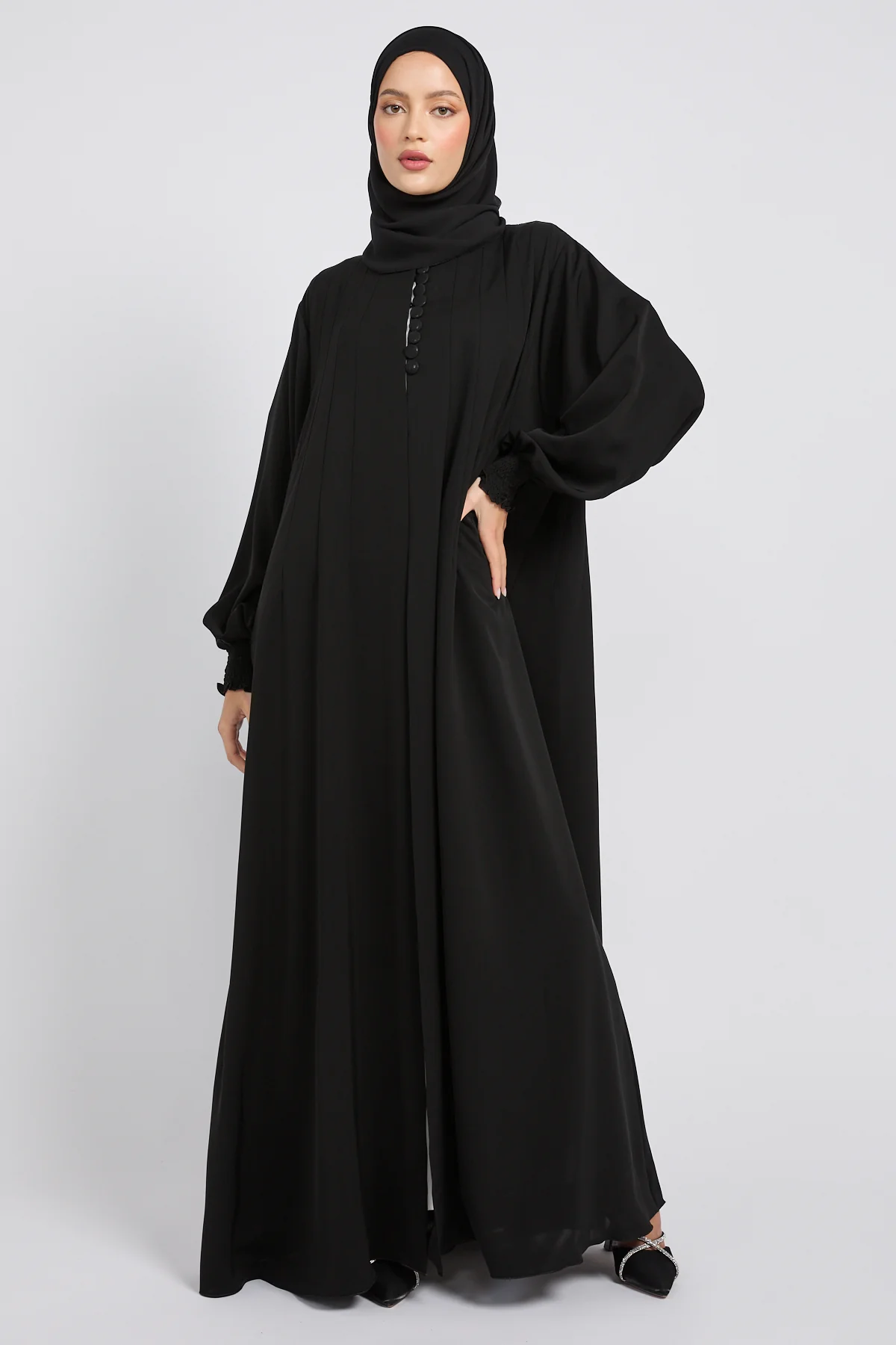 Premium Tailored Buttoned Open Abaya – Black - Image 6