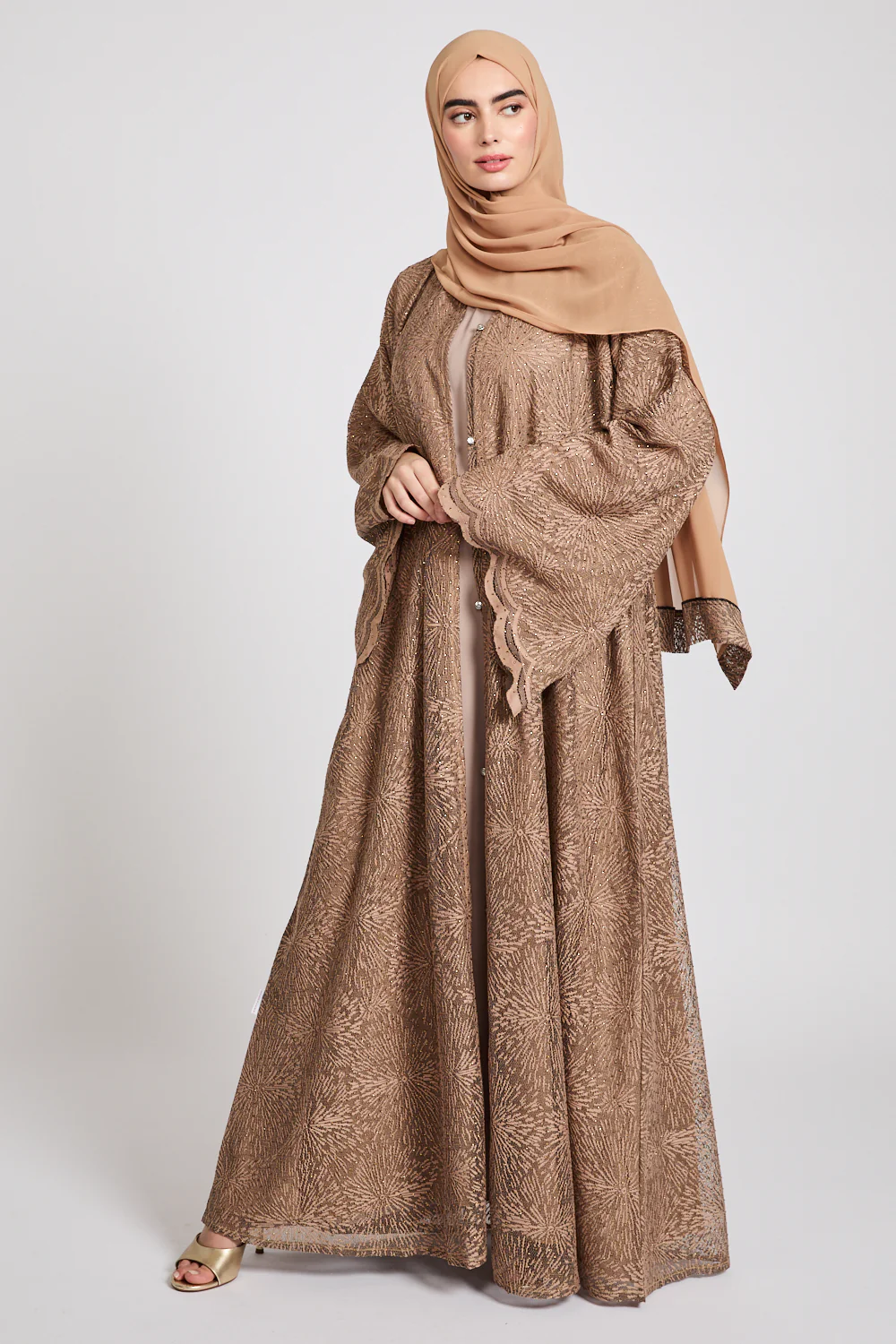 Premium Terracotta Embellished Lace Open Abaya