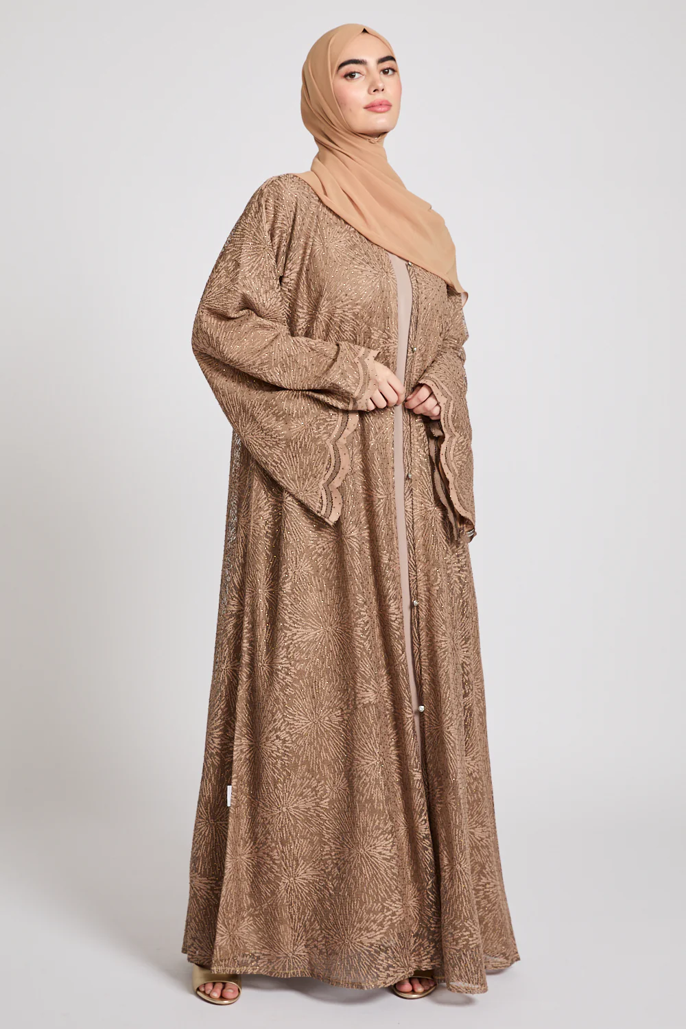 Premium Terracotta Embellished Lace Open Abaya - Image 3