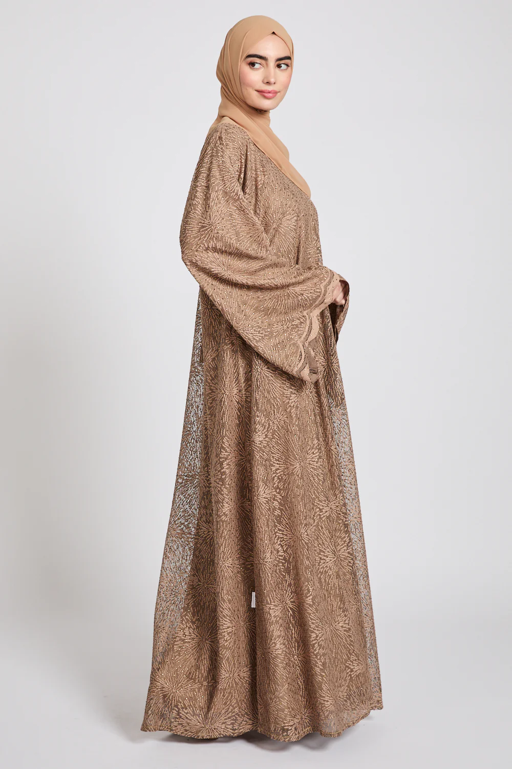 Premium Terracotta Embellished Lace Open Abaya - Image 4