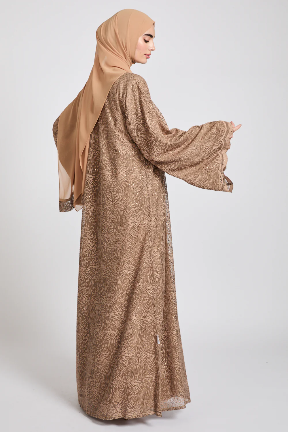 Premium Terracotta Embellished Lace Open Abaya - Image 5