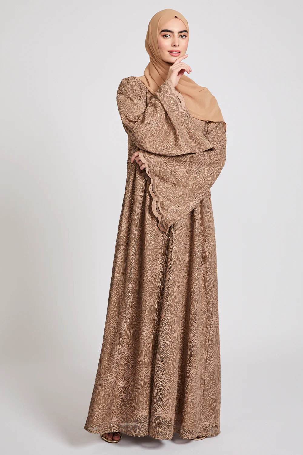 Premium Terracotta Embellished Lace Open Abaya - Image 6
