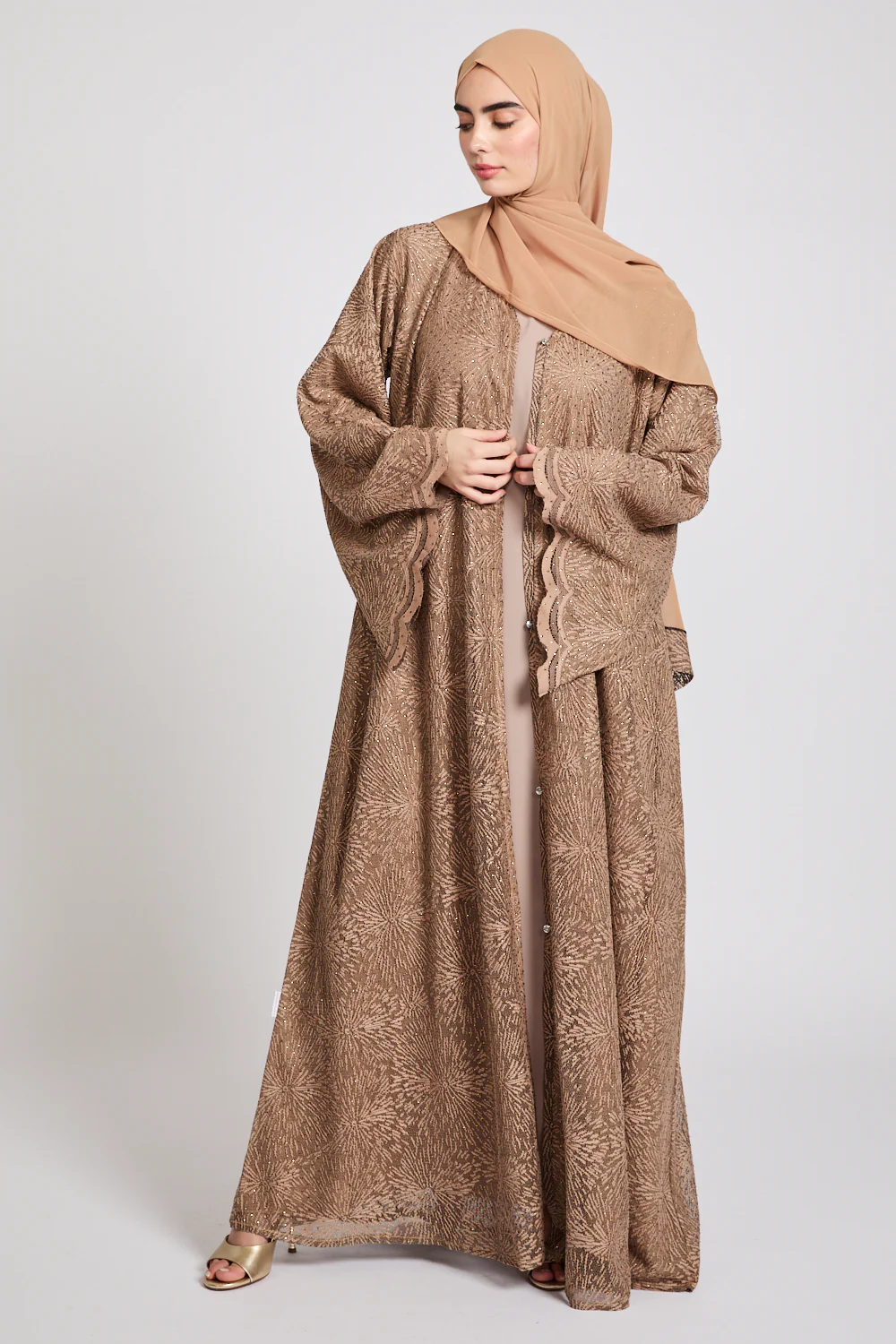 Premium Terracotta Embellished Lace Open Abaya - Image 7