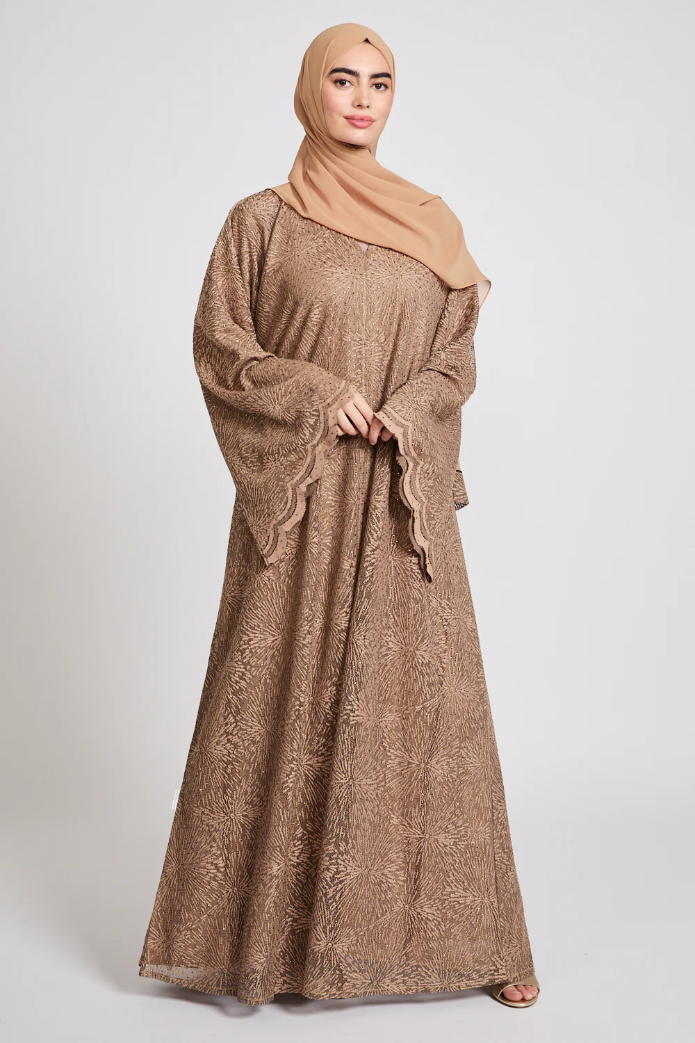 Premium Terracotta Embellished Lace Open Abaya - Image 8