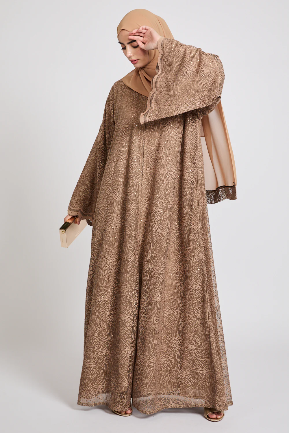 Premium Terracotta Embellished Lace Open Abaya - Image 9