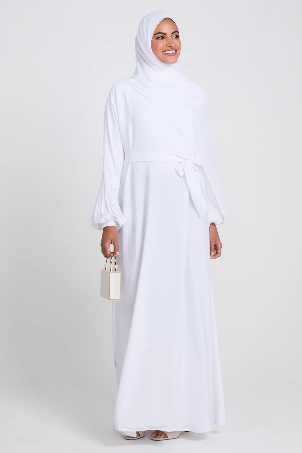 Premium Textured Closed Abaya with Pleated Cuffs WITH LINING - White