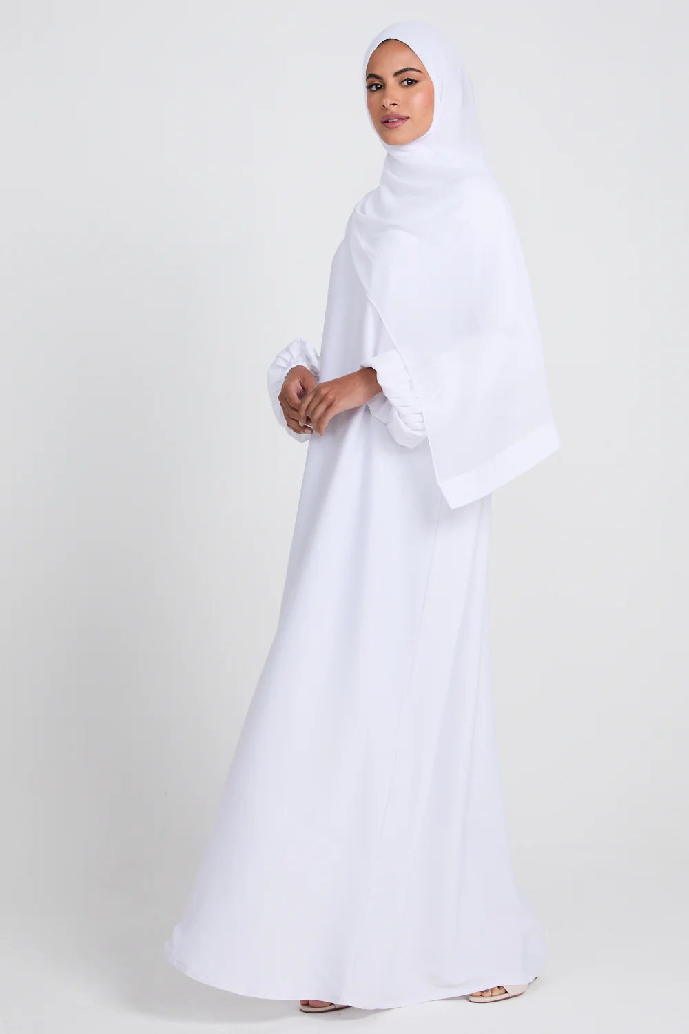 Premium Textured Closed Abaya with Pleated Cuffs WITH LINING - White - Image 3