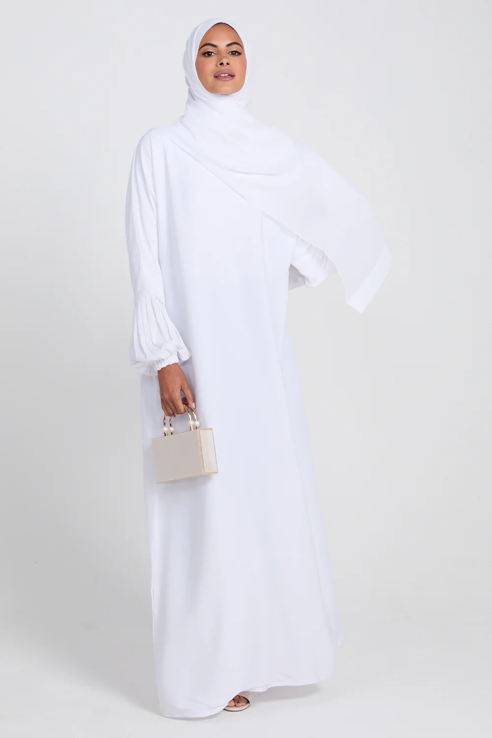 Premium Textured Closed Abaya with Pleated Cuffs WITH LINING - White - Image 4