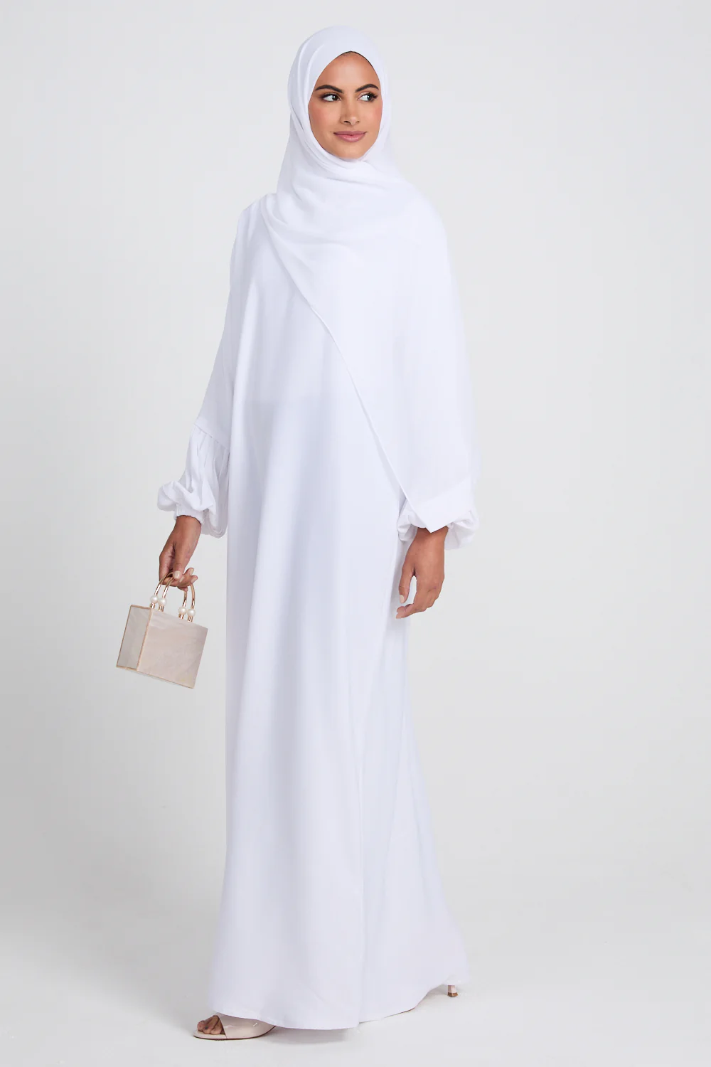 Premium Textured Closed Abaya with Pleated Cuffs WITH LINING - White - Image 5