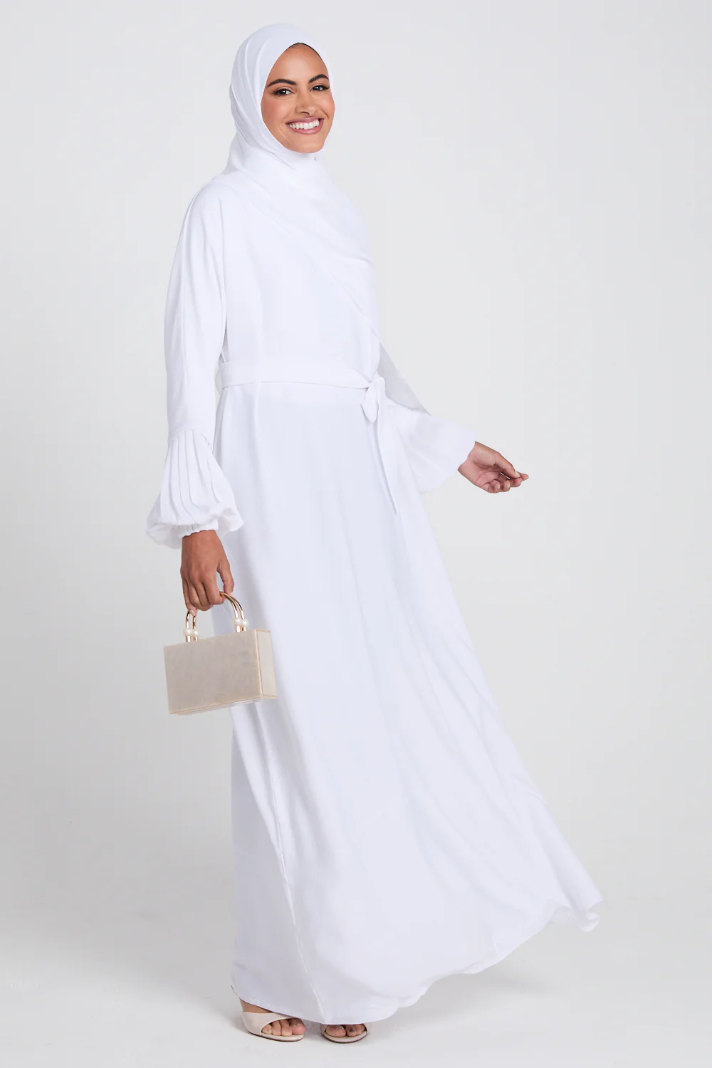 Premium Textured Closed Abaya with Pleated Cuffs WITH LINING - White - Image 6