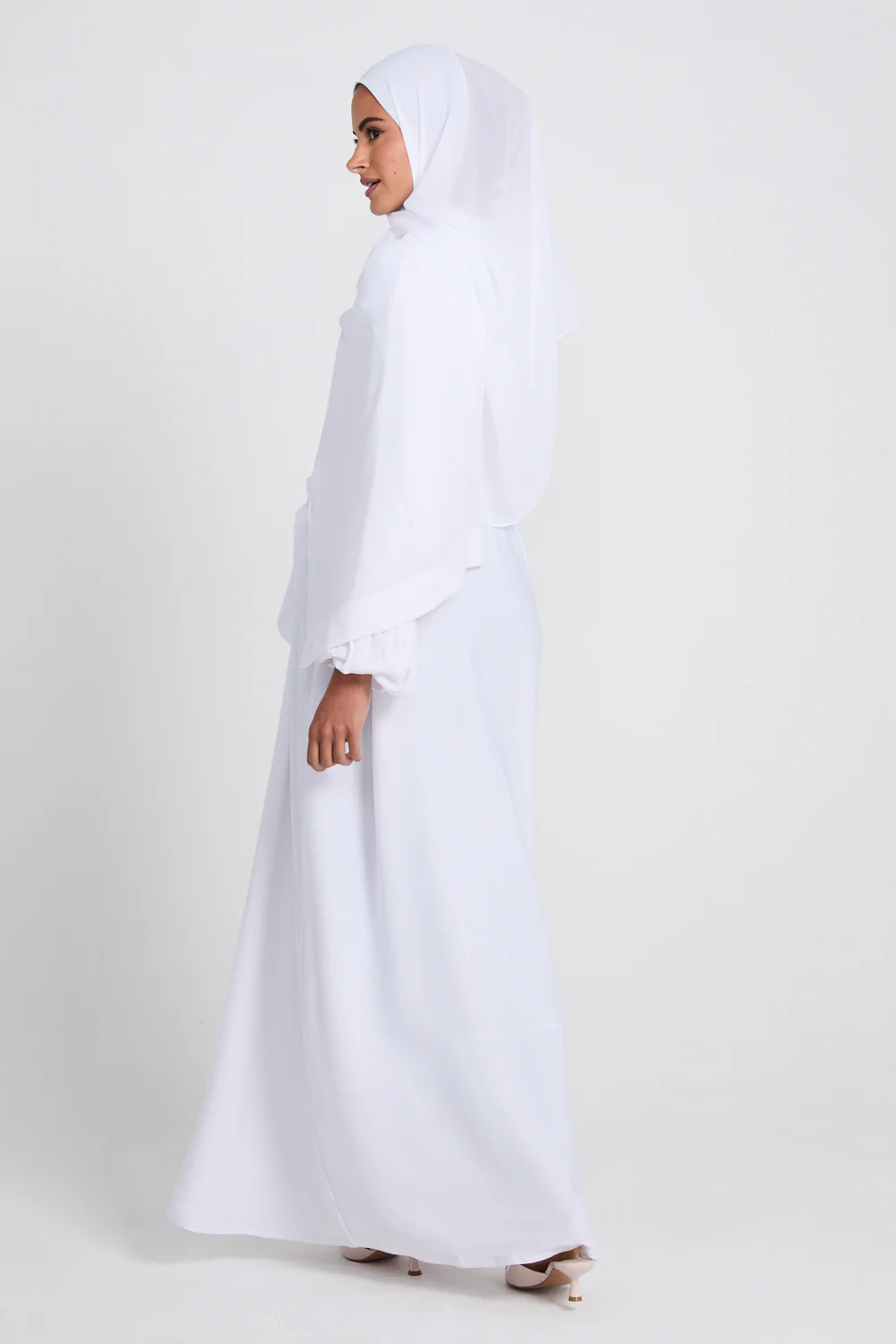 Premium Textured Closed Abaya with Pleated Cuffs WITH LINING - White - Image 9