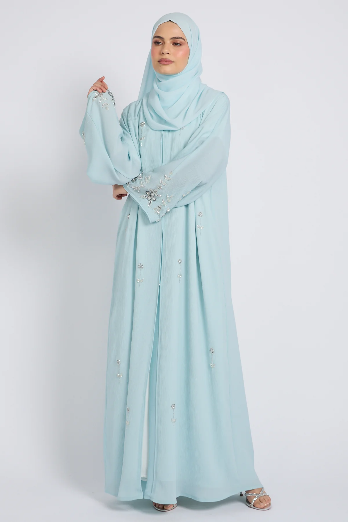 Premium Textured Crystal Bloom Embellished Open Abaya – Icy Aqua - Image 10