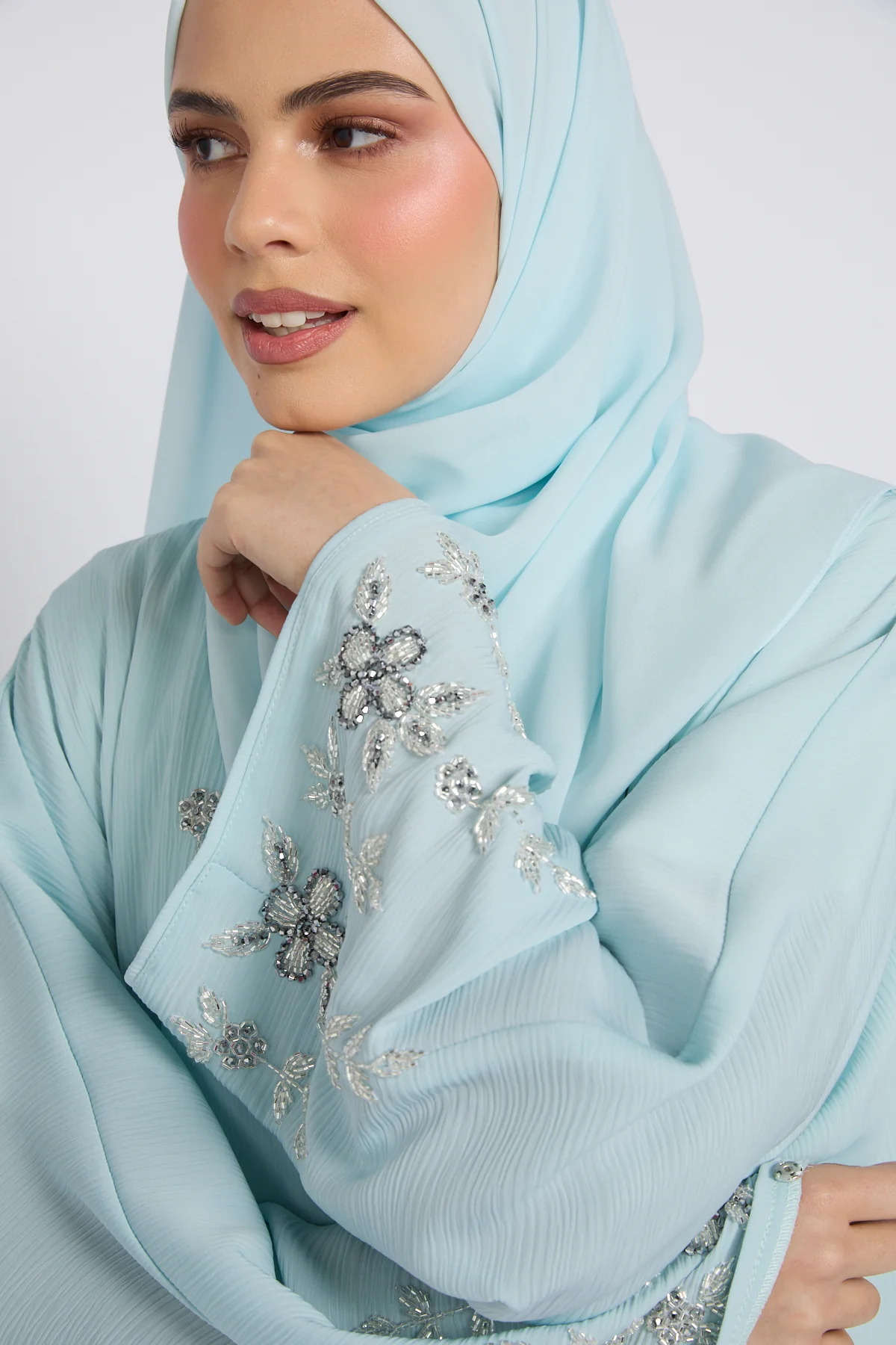 Premium Textured Crystal Bloom Embellished Open Abaya – Icy Aqua - Image 2