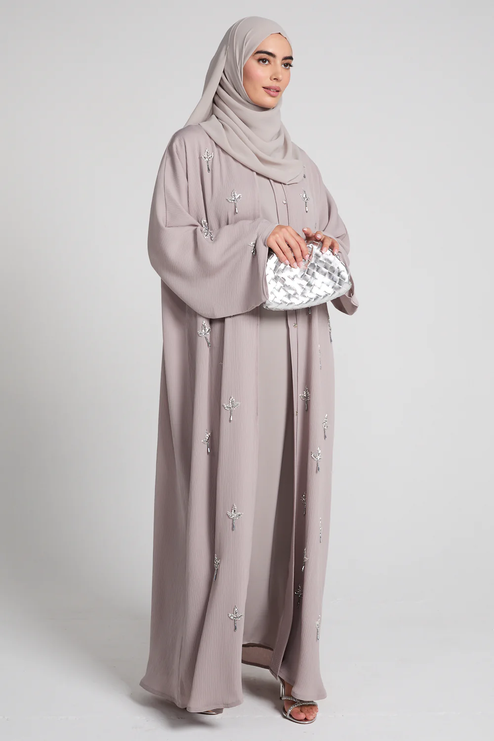 Premium Textured Dewdrop Bloom Open Abaya - French Oak