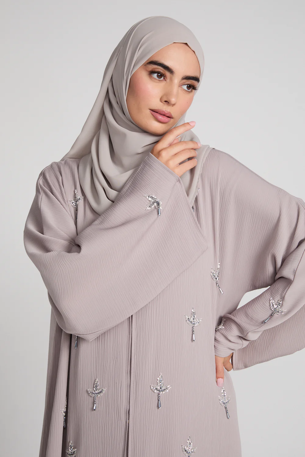 Premium Textured Dewdrop Bloom Open Abaya - French Oak - Image 2