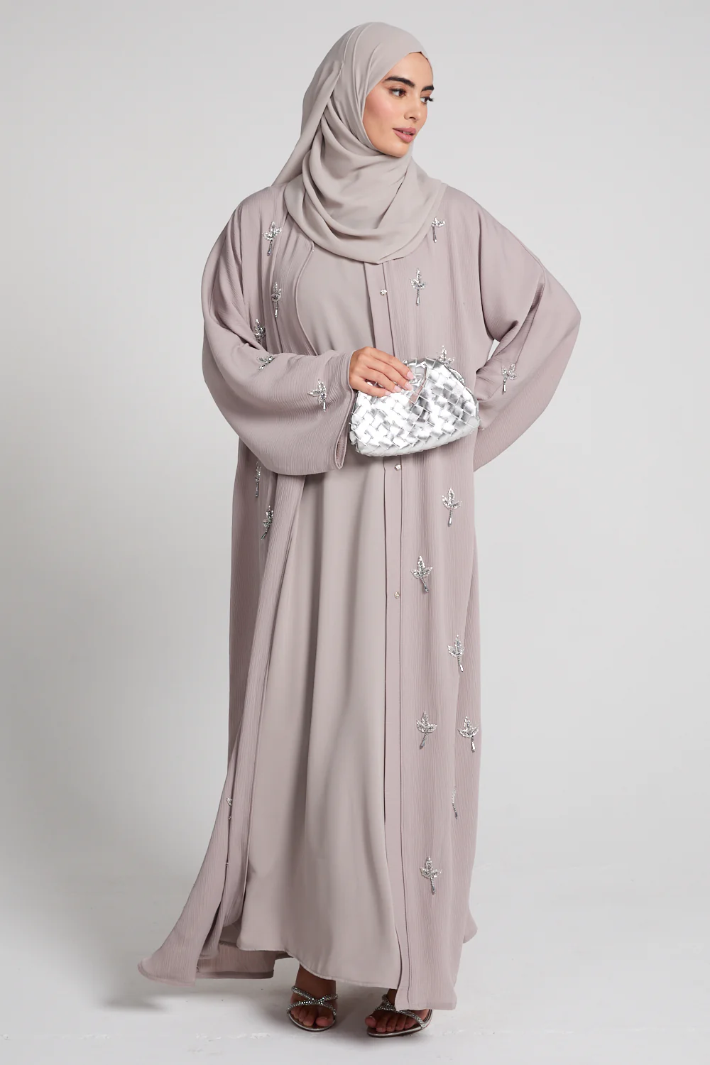 Premium Textured Dewdrop Bloom Open Abaya - French Oak - Image 3