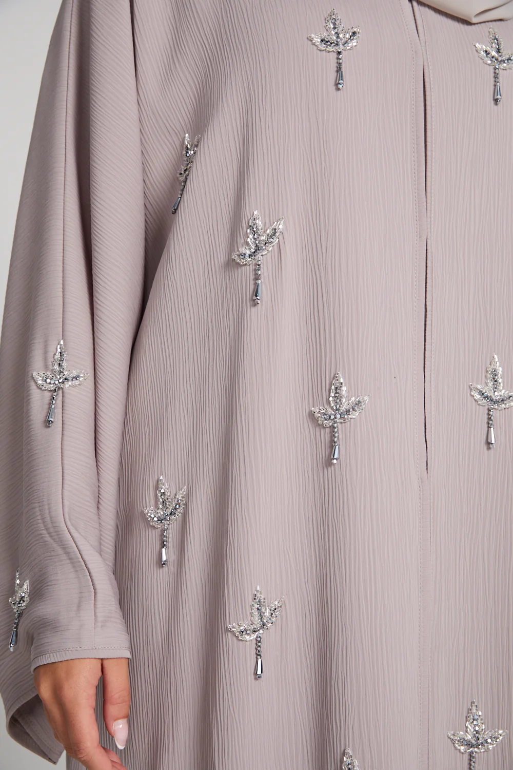 Premium Textured Dewdrop Bloom Open Abaya - French Oak - Image 4