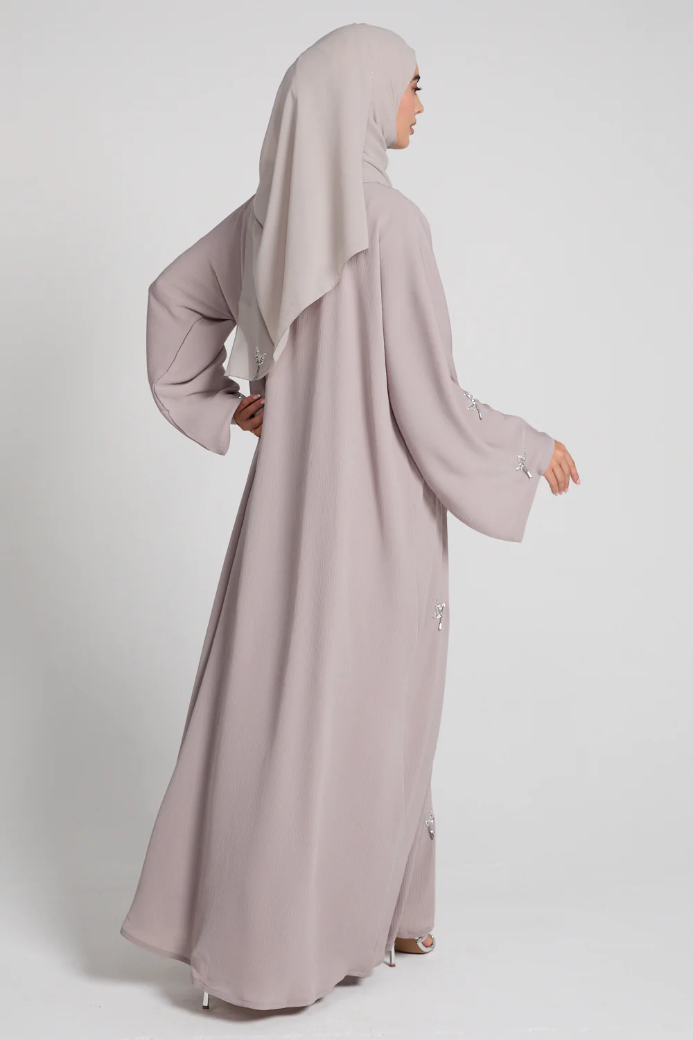 Premium Textured Dewdrop Bloom Open Abaya - French Oak - Image 5